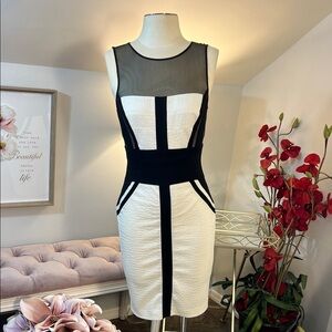 Caché Vintage Black & White Croc Embossed Mesh Panel Bodycon Dress Size 4